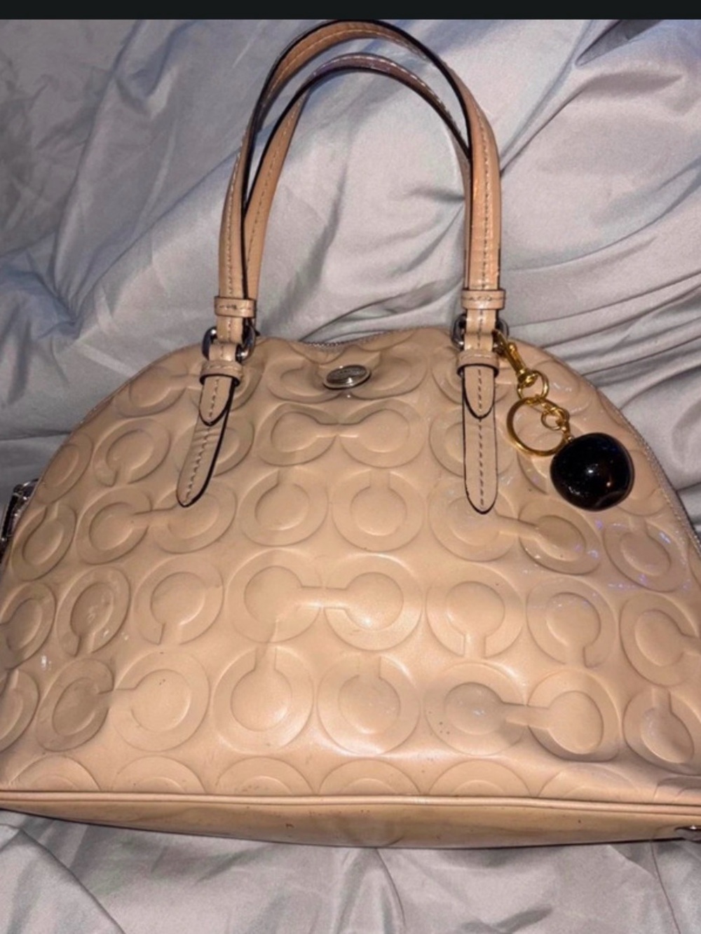 Coach Beige Embossed Signature Dome Satchel with Charm